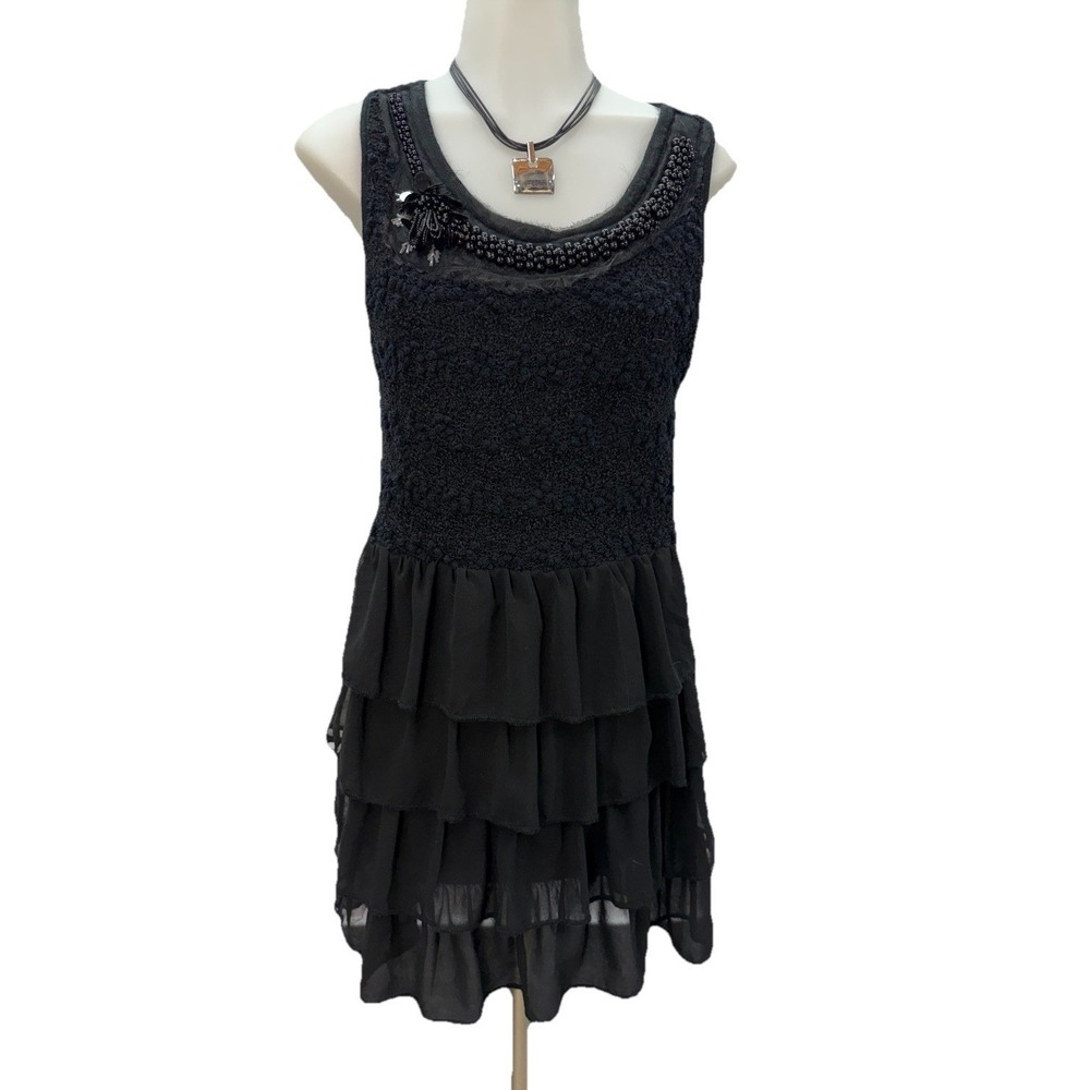 FORLA PARIS Black Beaded Ruffle Dress Sleeveless Layered Size Large Embellished